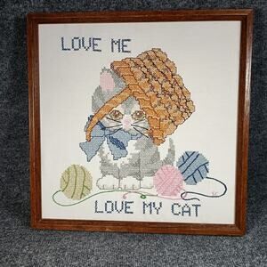 Handmade Cross Stitch Wall Art Cat Yarn Basket Framed 12x12